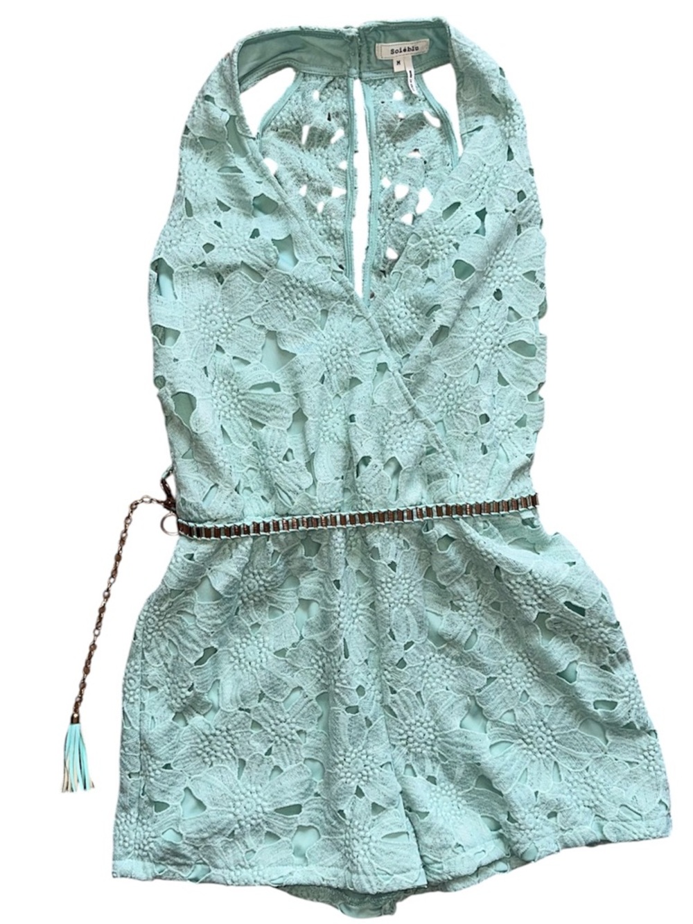 Girls' Mint Crochet Halter Romper with Tassel Belt